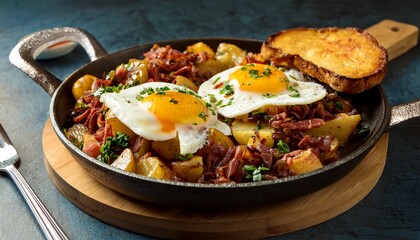 Crispy, golden-brown corned beef hash sizzles with tender potatoes and savory spices. Topped with sunny-side-up eggs and fresh herbs, it's a hearty, flavorful breakfast with buttery toast on the side.
