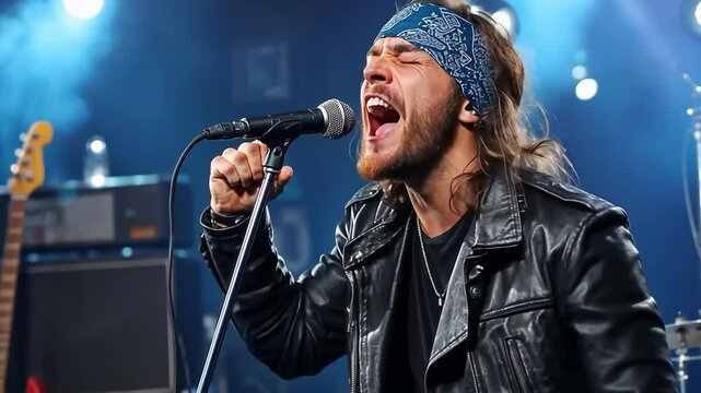 Rockstar in Concert: An energetic singer commands the stage with raw passion, captivating the audience with an electrifying performance, a moment of musical artistry captured in vivid detail.