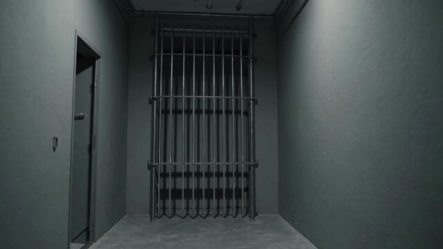 Prison cell with metal bars and closed door