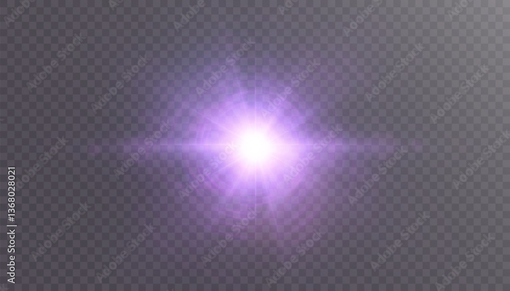 Aufkleber Purple light burst with rays and glare isolated on transparent background. Bright glow with lens flare effect suitable for design, photo editing and special effects.