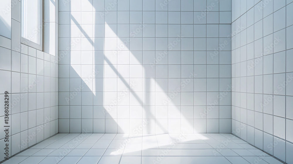 Poster white tiled corner room, sunlit, showcasing minimalist design and clean lines, ideal for product dis