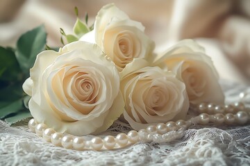 A soft, dreamy arrangement of white roses, pearls, and a lace handkerchief, with gentle light creating a serene, romantic atmosphere