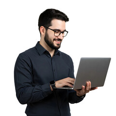 Businessman Holding Laptop, Smiling While Engaging with Media and Sharing Content Online, PNG format