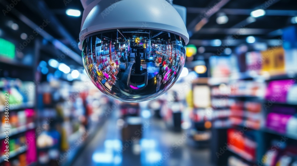 Poster A close-up of a dome-shaped CCTV camera installed in a retail store, with reflections of products visible on the camera lens, emphasizing security in shopping environments.