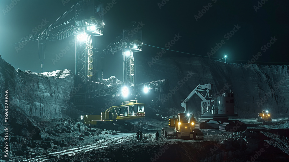 Poster this heavy machinery extracts regolith from an asteroid during a night excavation process.