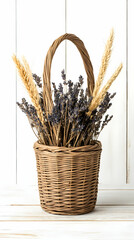 Dried lavender and wheat in a wicker basket