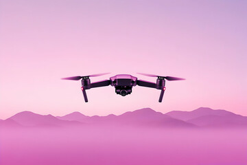 Drone flying over hazy pink mountains at sunset