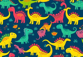 Cheerful, hand-drawn dino seamless pattern in vibrant colors, pattern, pterosaur
