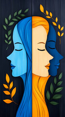 Dual female profiles, blue and gold, framed by leaves, on dark wood