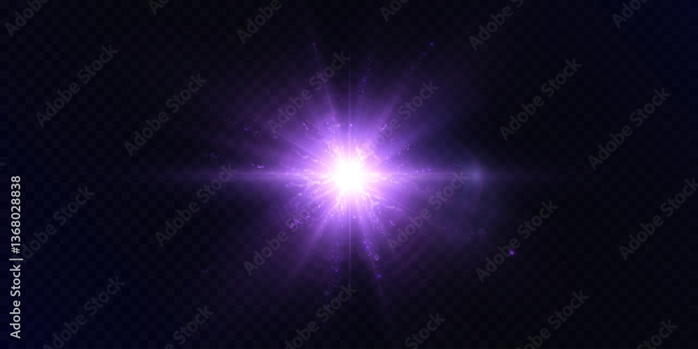 Aufkleber purple light burst with rays and glare isolated on black background. bright glow with glare effect, 