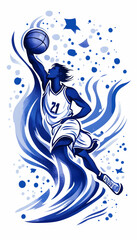 Dynamic basketball player performing a powerful dunk, surrounded by abstract blue motion trails and stars