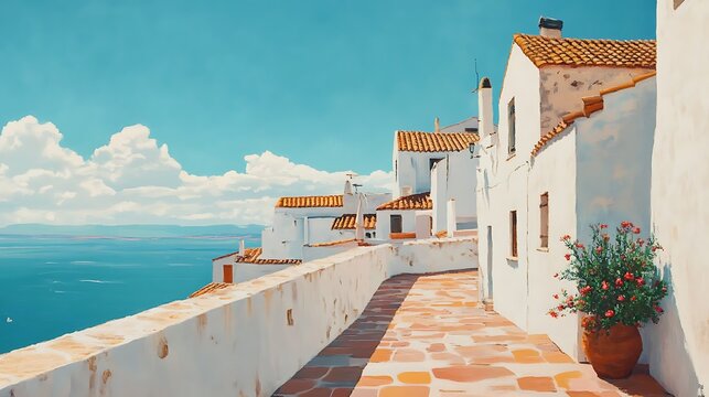 Mediterranean village rooftops under aqua skies, a charming travel scene for culture and architecture lovers.