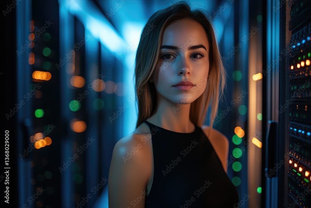 Aufkleber a young woman stands confidently in a server room, illuminated by the soft glow of data center light