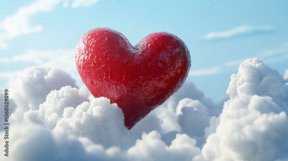 Aufkleber Red heart-shaped object floats above fluffy white clouds against a bright blue sky.
