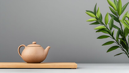 Earthenware teapot on wooden tray with greenery against gray background