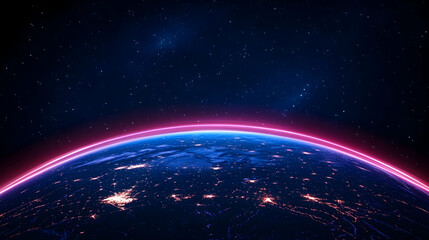 Earth's glowing horizon viewed from space, showcasing city lights and a vibrant atmospheric rim