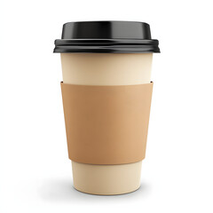Realistic thermal coffee cup in focus with a black lid and a tan cardboard sleeve showcasing ample copy space for your text and ing needs