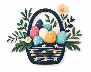 Easter basket overflowing with colorful, patterned eggs and spring flowers