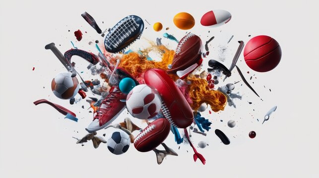sporting goods explotion, stylized, white background 