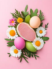 Easter ham with pastel eggs and flowers