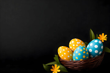 Easter eggs in a nest with yellow flowers against a black background
