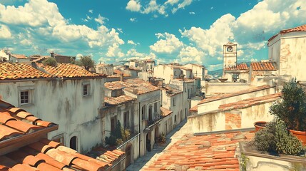 Mediterranean village rooftops under aqua skies, a charming travel scene for culture and architecture lovers.