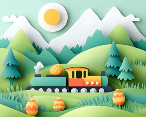 Easter train carrying eggs through paper-cut landscape