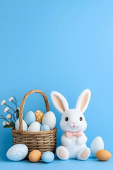 Easter bunny with pastel eggs in a wicker basket against a blue background