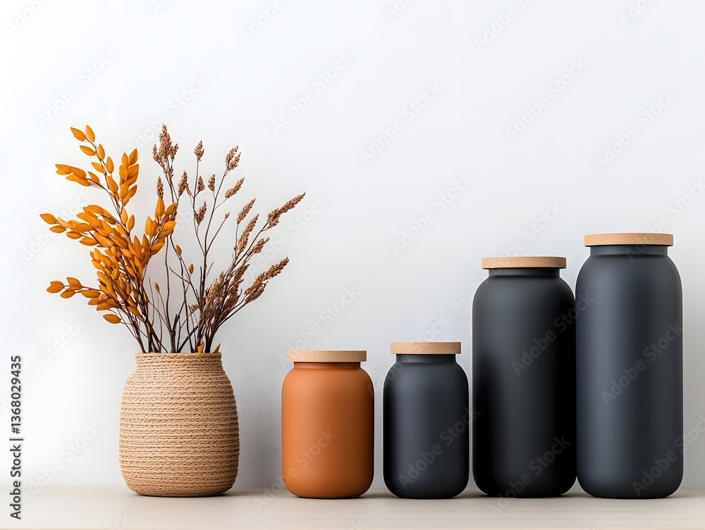 Poster An array of stylish storage containers in diverse shapes textures and materials including wicker cardboard and metal elegantly displayed on a minimalist wooden table