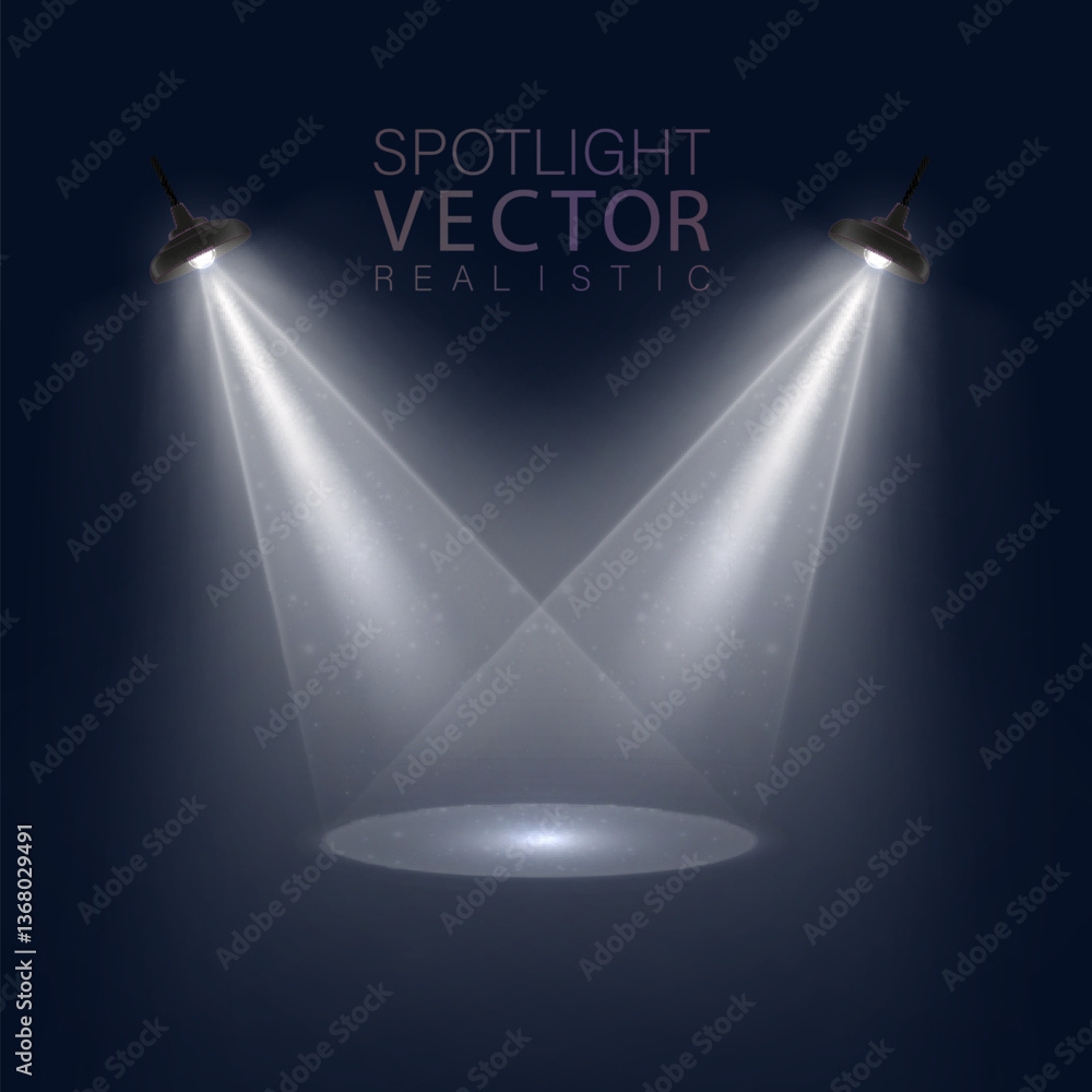 Poster realistic vector light effect with two intersecting spotlights aimed at the center of the stage. lig