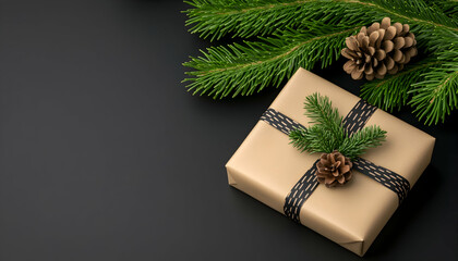 Eco-friendly gift wrapped in kraft paper with pine sprigs and cones on dark background