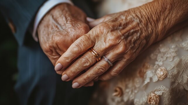 National Honesty Day. An elderly couple's intertwined hands, subtle wedding rings, telling a lifetime of shared truths - Powered by Adobe
