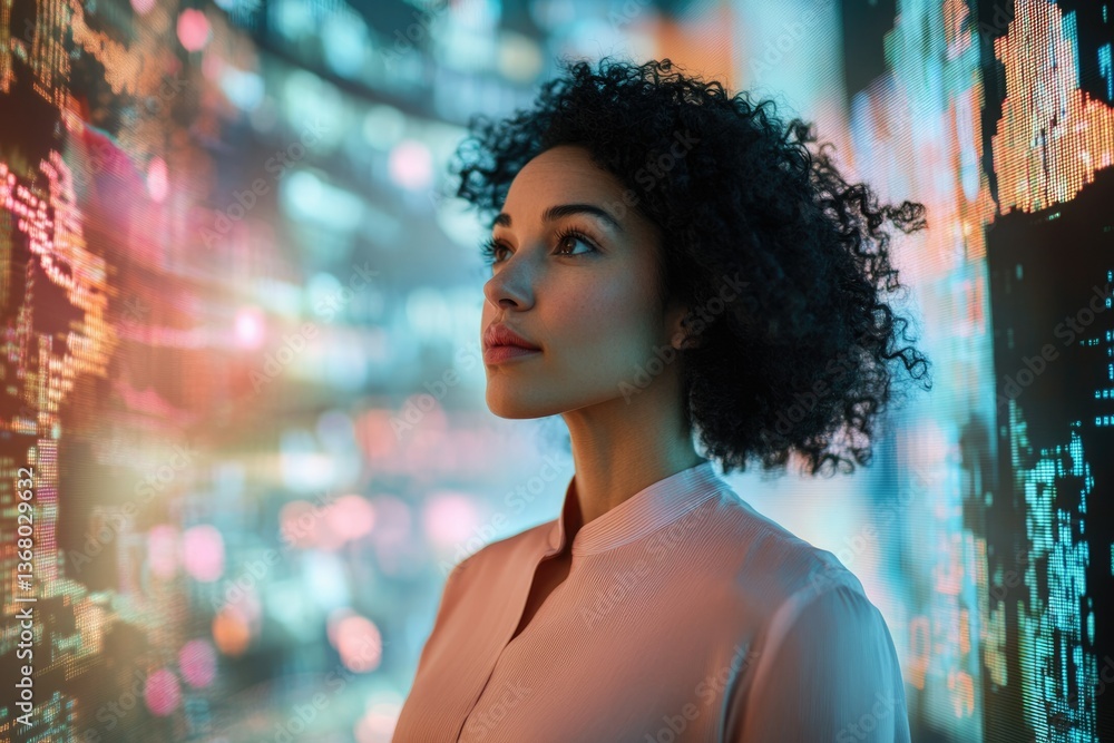 Poster a woman thoughtfully observes a vibrant digital display, contemplating data streams and technologica