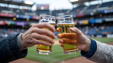 closeup of the hands of two baseball fan friends enjoying cold beers at a stadium