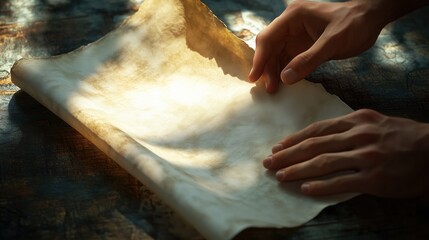 National Honesty Day. Hands gently unfolding a truth scroll, delicate shadows, intricate paper textures, Renaissance-inspired lighting