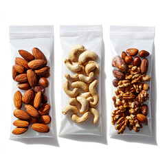 Three unique nut mix bags with almonds, cashews, and a blend of walnuts, hazelnuts, and pecans arranged in a dynamic triad for snacks and health