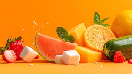 Fresh fruit dessert with orange background.