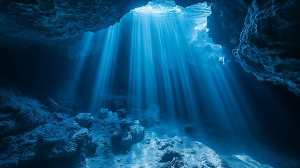 Underwater cave with azure light beams and limestone, a mysterious scene for nature and exploration fans.