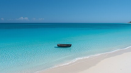 Obraz premium Lone boat in turquoise ocean, white sand beach, calm day, travel brochure