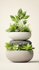 Fototapeta premium Stacked planters with succulents and greenery