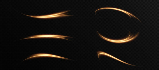 Orange gold light trail with neon effect bright glow on black background. Curved line with bright rays for futuristic and technological design. © Valeriia