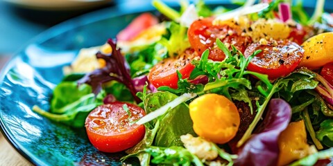 Fresh Salad with Vegetables Including Tomatoes, Cucumbers, and Leafy Greens