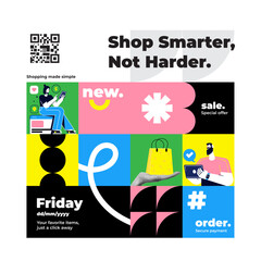Online shopping and sale. Minimalistic background illustrations for sales, advertisements, coupons. Geometric pattern of store symbols and icons. Banner, poster design. Vector illustration