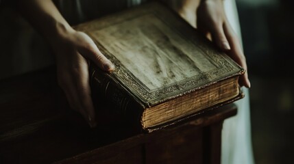Hands holding antique book in dim lighting