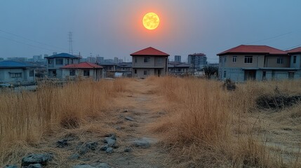 Obraz premium Large orange moon setting over small houses and dry grass