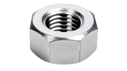A close up of a single shiny metal nut on a black surface