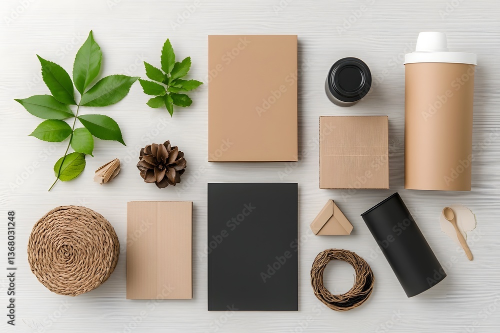 Poster artful flat lay arrangement highlighting a variety of storage containers in complementary materials 