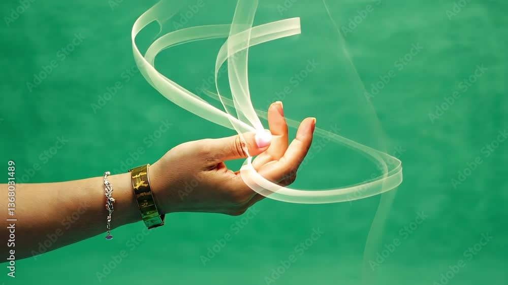 Poster motion and grace: a graceful hand with elegant gestures, dances with flowing streaks of light agains