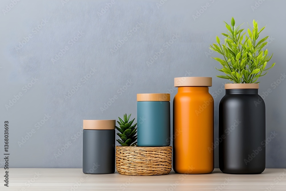 Poster artfully arranged diverse array of storage containers in contrasting materials such as cardboard wic