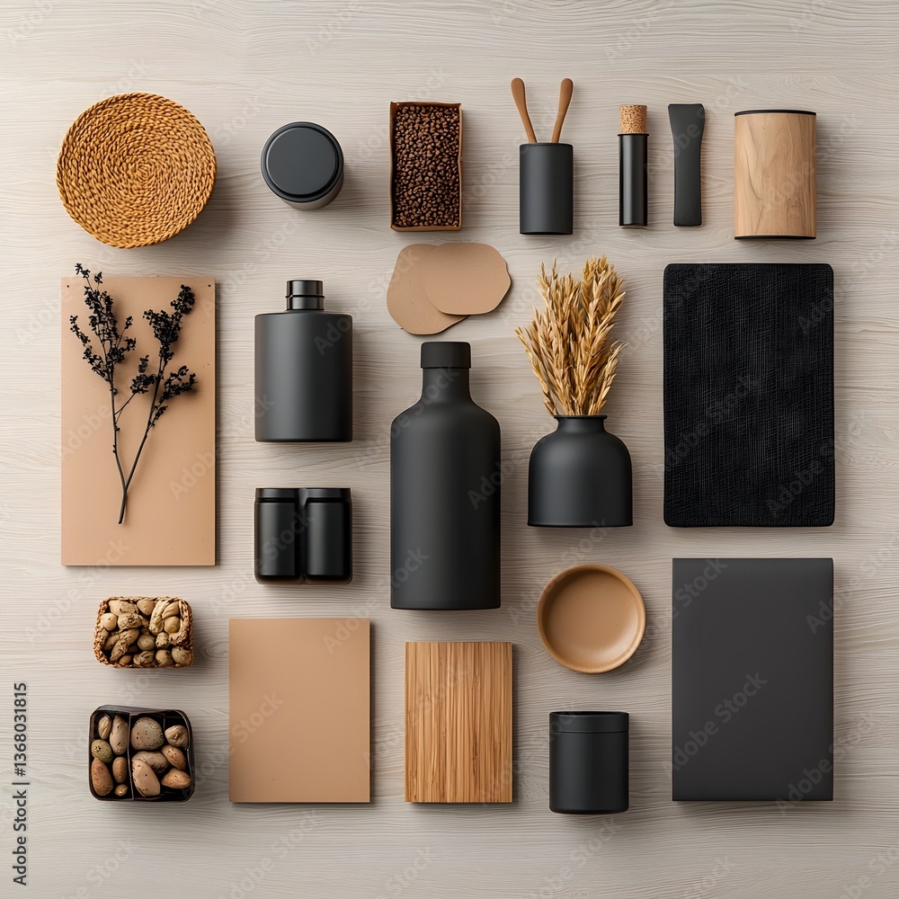 Poster artfully arranged flat lay highlighting an assortment of practical yet visually appealing storage so